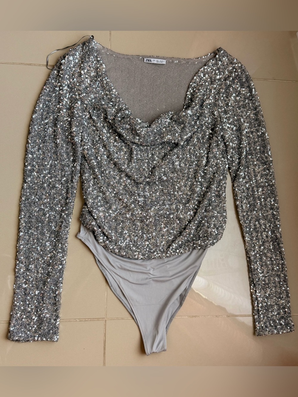 Zara Silver Sequin Cowl Neck Bodysuit - Size L